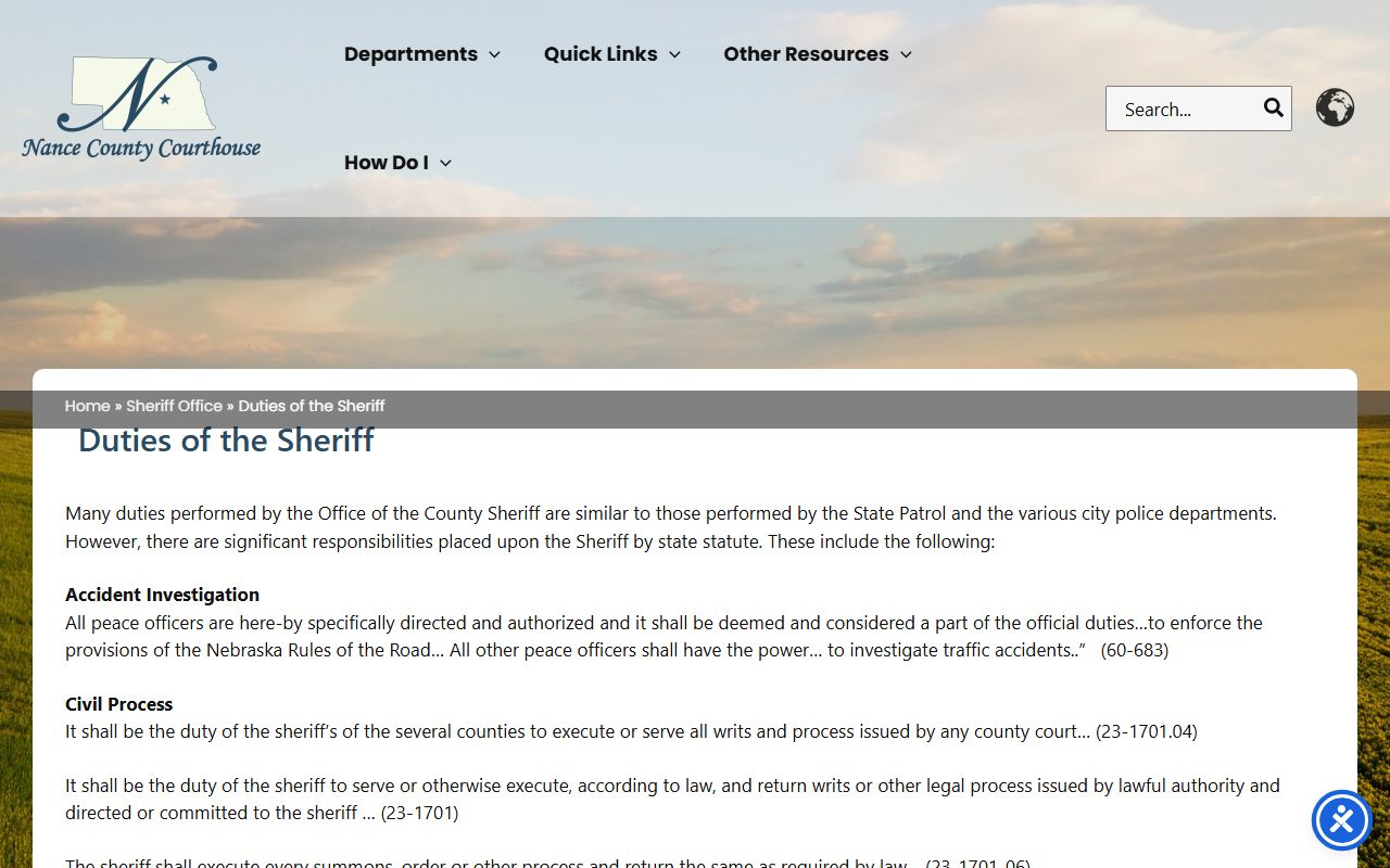Nance County Jail booking and sheriff duties information