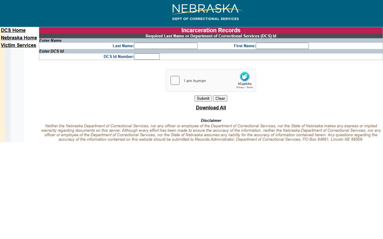 NDCS state inmate search fields for Nance County sentenced custody lookup