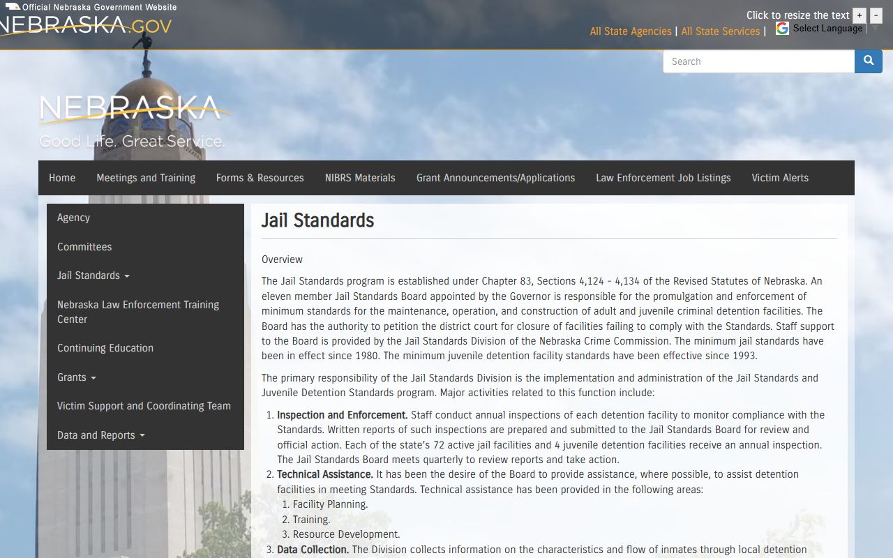 Nebraska jail standards source for Nance County inmate population records