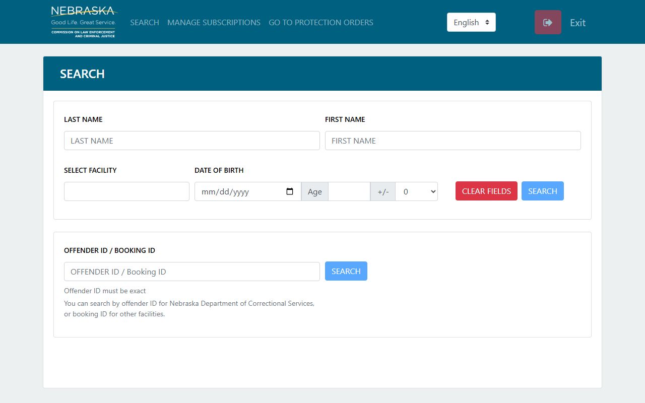 Nebraska Victims of Crime Alert Portal offender search screen